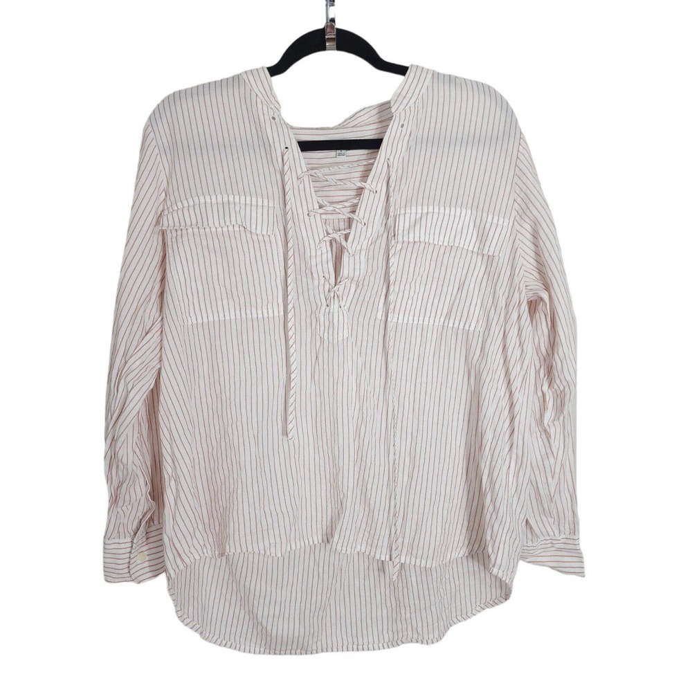 Madewell Womens Top Terrace Lace Up Shirt Vera Stripe Red White Coastal Blouse L - Picture 2 of 12